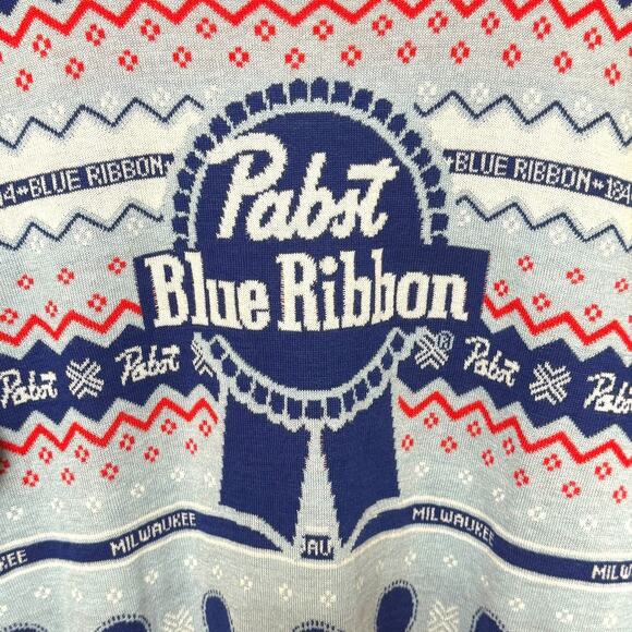 Pabst Blue Ribbon Ugly Christmas Holiday Sweater Blue Red Large - Picture 2 of 3